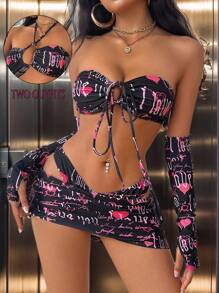 Swim EVENT 4pcs/Set Women's Festival Bikini Set, Includes: Convertible Heart & Letter Print Bandeau Top, Triangle Bottoms, Mini Skirt, And Fingerless Gloves, Suitable For Party & Swim