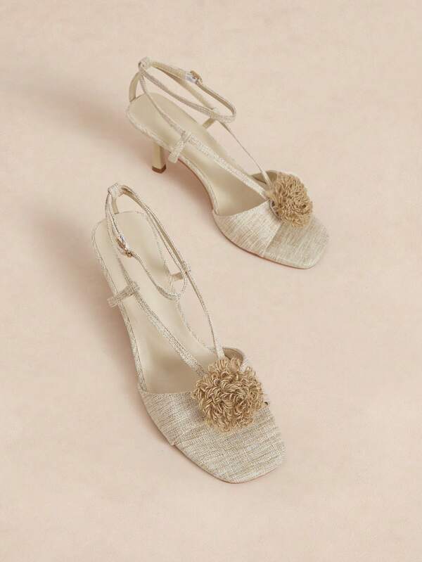 Rosivie Women's Beige Linen Color Floral Decor Square Toe Thin Straps Fashionable High Heel Sandals