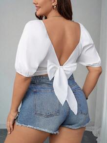 Elenzga 大码女式纹理泡泡袖后背打结衬衫 – 优雅白色 - 白色 - 查看 2