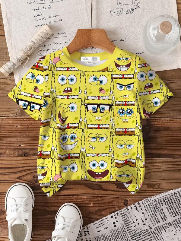 SpongeBob SquarePants X SHEIN Camiseta de manga curta com estampa de desenho animado para meninos, gola redonda, verão