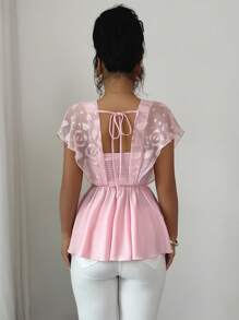 Elenzga New Chiffon Floral Cutout Casual Elegant Date Style Tie-Up Versatile Blouse For Women, Spring/Summer - Baby Pink - View 2
