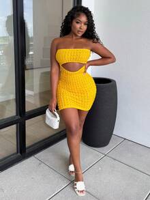 Alexandranx 夏季性感音樂節無肩帶腰部空心緊身迷你裙玫瑰紅色荷葉邊布料女裝連衣裙-G - 黃色 - 查看 5