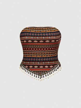 Hippie Women's Hippie Vintage Western Cowgirl Music Festival Sheer Wooden Bead Tassel Hem Geometric Print Bohemian Tube Top For Summer