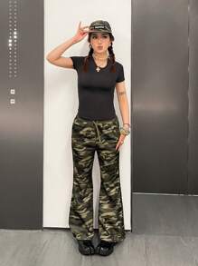 SHEIN 少女休闲简约舒适中腰迷彩喇叭裤 - 軍綠色 - 查看 4