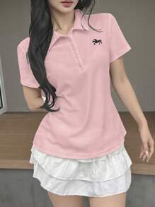 Jouncy 女式夏季骑士刺绣短袖休闲 Polo T 恤 - 粉色 - 查看 6