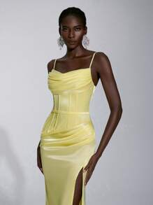 Elitara Elegant Cream Yellow Satin Shiny Elastic Spaghetti Strap Fish Bone Tape Low Waist Fish Tail Slit Maxi Dress, Suitable For Dates, Vacations, Music Festivals, Weddings, Awards Ceremonies, Graduation, Prom, Formal Occasions - Light Yellow - View 1