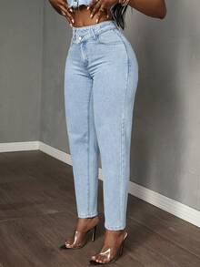 SHEIN Tall 女式休闲不对称腰部水洗牛仔裤 - 淺色水洗藍 - 查看 4