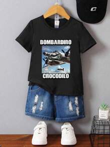 SHEIN Young Boy Casual Fashion Comfortable Minimalist Letter Cartoon Airplane & Crocodile Graphic Short Sleeve Round Neck T-Shirt Top, Summer