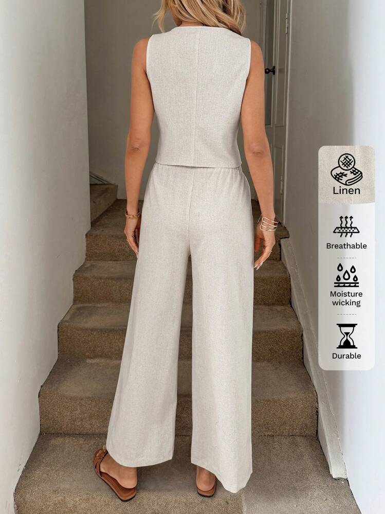 SHEIN LUNE 女士休闲条纹无袖上衣和条纹裤套装节日夏季波西米亚风复古货币女士夏季服装春假狂欢服装节日春假服装棉质 - 杏色 - 查看 2