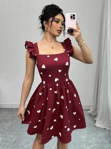 Rafferiza Random Heart Print Women Square Neck Cap Sleeve Elegant Dress - Multicolor - View 4