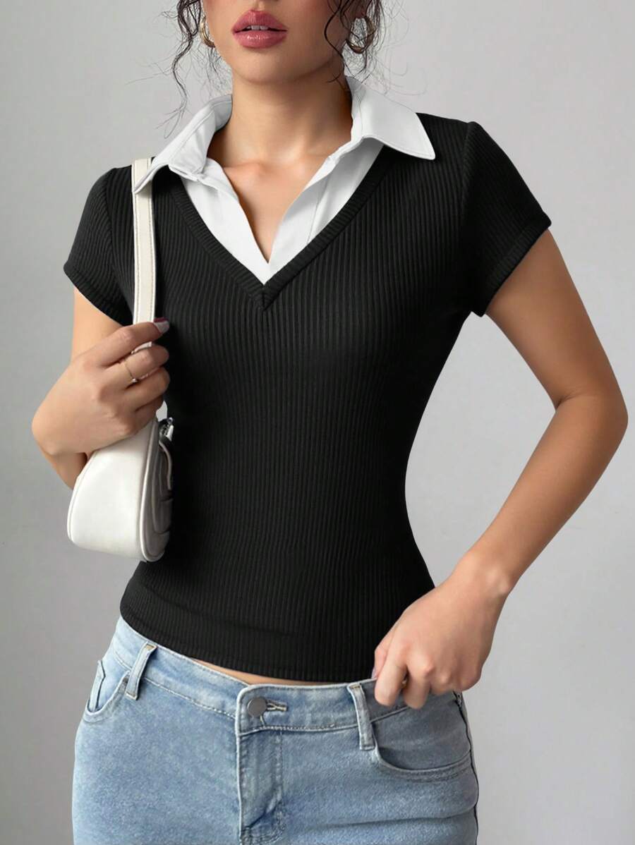 Selianne Rafferiza 女士休闲通勤优雅商务休闲度假舒适成熟优雅性感 V 领蓝色拼接二合一面料高弹修身春夏学院风老钱风格深蓝色 Anouk Yve 短袖 T 恤 - 黑色 - 查看 1