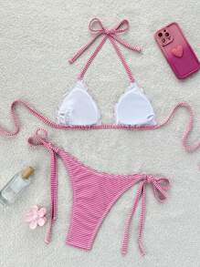 Swim Mod Women Summer Beach Striped Halter Tied Sexy Bikini Set, Random Print - Pink - View 2