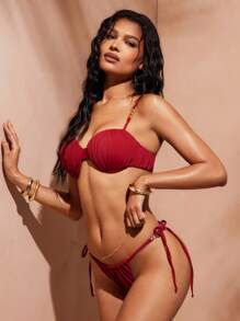 Hauture Áo bikini hở lưng màu đỏ sẫm gợi cảm mùa hè cho nữ có chi tiết xích nhún bèo - Đỏ - Xem 3