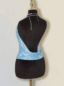 SHEIN ICON 女士性感音乐节度假闪亮亮片透视露背吊带背心，春夏 - 藍色 - 查看 2