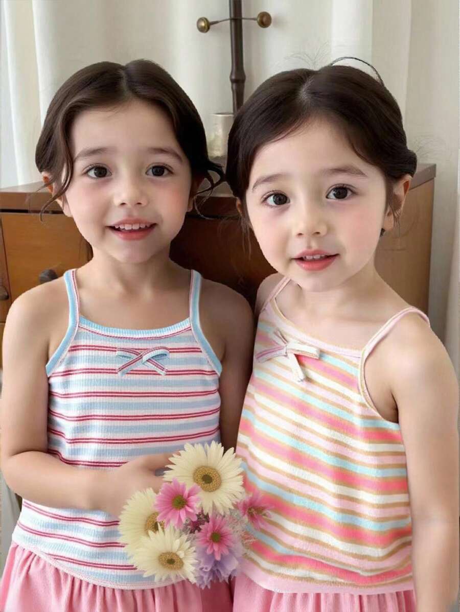 SHEIN 2 件女童时尚罗纹/罗纹上衣套装，夏季 - 彩色 - 查看 1