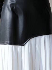 SHEIN Privé Elegant, Chic, Understated Long Asymmetrical Patchwork Color Block Pleated Chiffon Skirt, Suitable For Commuting, High-End Design Fall Cloth For Women - Black and White - View 7