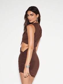 KIZN Sleeveless High Neck Cut Out Mini Dress Ruched Bodycon Design Fall Winter Party Club Night Out Slim Fit Dress Chic Evening Wear - Coffee Brown - View 2