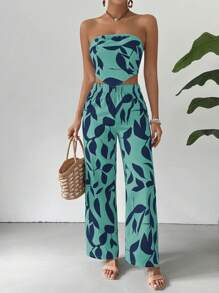 Breezaya 2件套：植物印花抹胸和长裤，度假休闲 - 藍色 - 查看 3