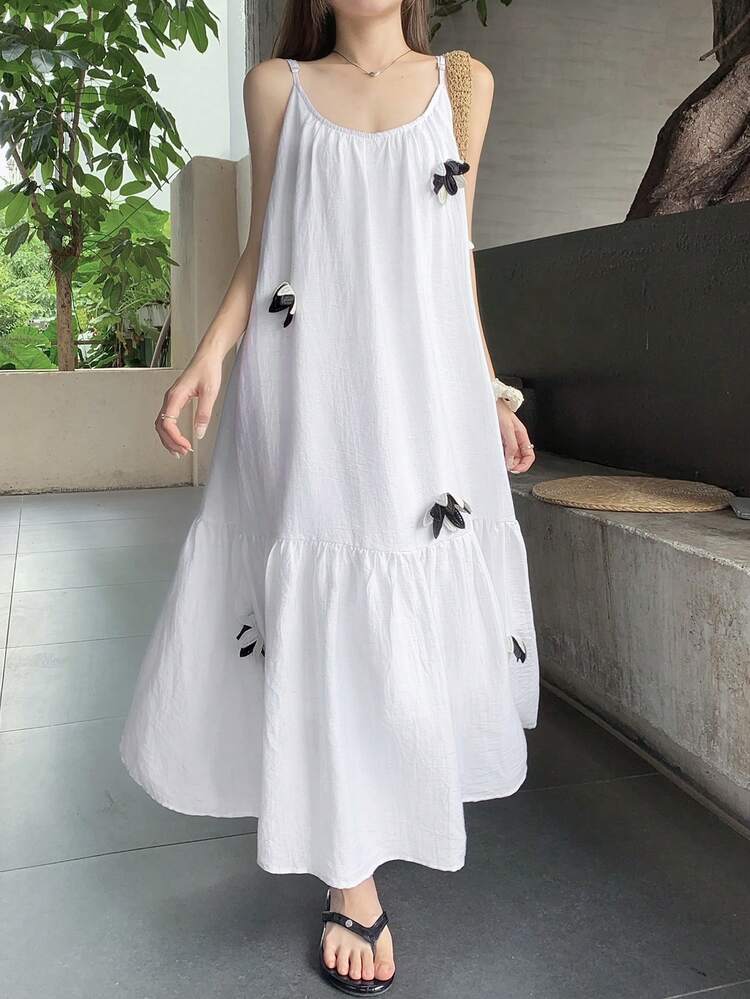 Women's Sleeveless Round Neck Loose Casual Vacation Style Dress With 3D Floral Decor
