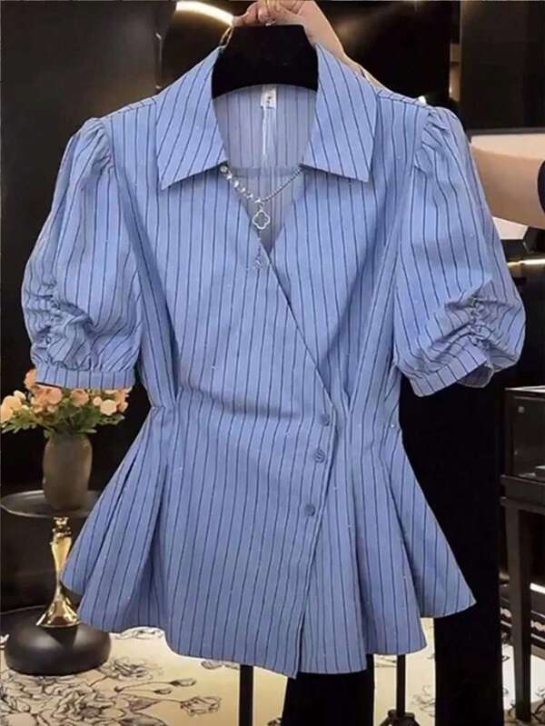SHEIN LUNE Plus Size Summer Casual Button-Down Striped Waist Shirt