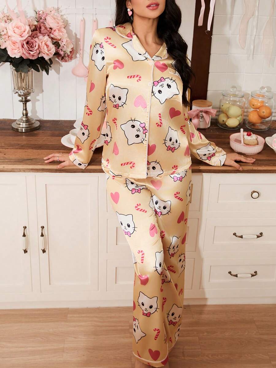 2 件套女士卡通可爱猫心棒棒糖睡衣套装，秋季衣服