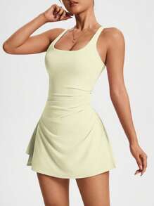 CourtClass Women Square Neck Ruched Sleeveless Sports Dress - Yellow - View 3