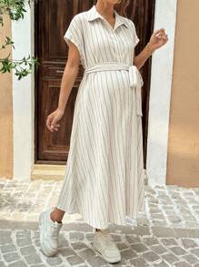 SHEIN 孕妇夏季条纹蝙蝠袖休闲衬衫裙