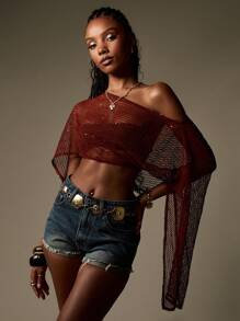 MISSGUIDED Crochet Fishnet Top Festival Boho Bohemian Knit Long Sleeve Cover Up Shoulder Summer Net Beach Mesh