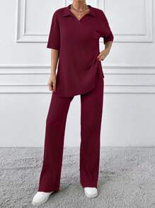 EURMUSE Cotton Two Pieces Set Polo Neck Top And Pant Set Rib Knit Fabric - Burgundy - View 5