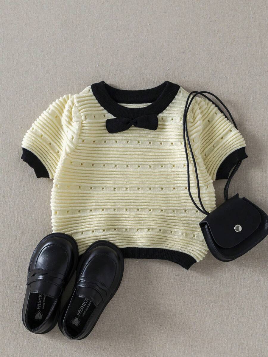 PrepCrw Pulover tricotat cu model pointelle și garnitură contrastantă cu fundă în față pentru bebeluși și fetițe