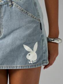 Missguided x Playboy 迷你牛仔裙配兔子标志节日夏季海滩派对西部牛仔女孩 Y2K 美学街头时尚经典 A 字裙 - 中等水洗藍 - 查看 4
