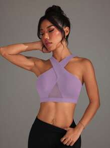 Easithlete Áo ngực thể thao màu trơn cho nữ, thời trang cho mùa hè - Màu tím - Xem 3