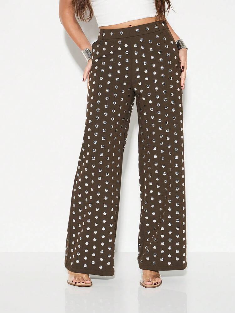 KIZN Wide Leg Polka Dot Palazzo Pants With Studded Detail