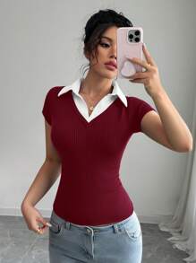 Chiquease Rafferiza 女士休闲通勤优雅商务休闲度假舒适成熟优雅性感 V 领蓝色拼接二合一面料高弹修身春夏学院风老钱风格深蓝色 Anouk Yve 短袖 T 恤 - 酒紅色 - 查看 3