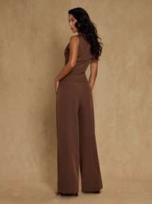 Glamine Grammy Women's Sleeveless Suit Vest Slim Square Collar Front Button Trousers Commuter Suit Simple Old Style With Pocket Straight Pants Women's Suit Simple And Generous Office Business Casual Wear Summer Two-Piece Suit Brown Two-Piece Suit Women's Wear - Rust Brown - View 2