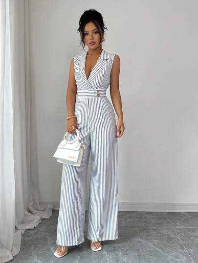 Selianne Women's Lapel Neck Black & White Striped Elegant Jumpsuit
