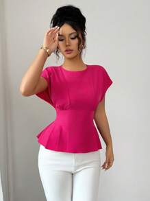 Selianne 新款女士圆领无袖腰部褶皱优雅假日休闲衬衫，让您看起来更高挑、更苗条 - 玫紅色 - 查看 5