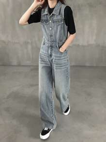 FRIFUL 休闲日常时尚前扣无袖女式牛仔工装裤 - 藍色 - 查看 5