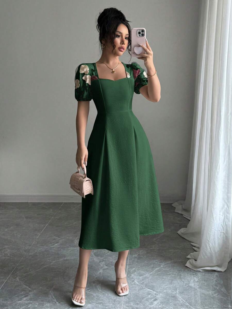 Elenzga Square Neck Puff Sleeve Embroidered Waist Pleated Women Dress - Green - View 1