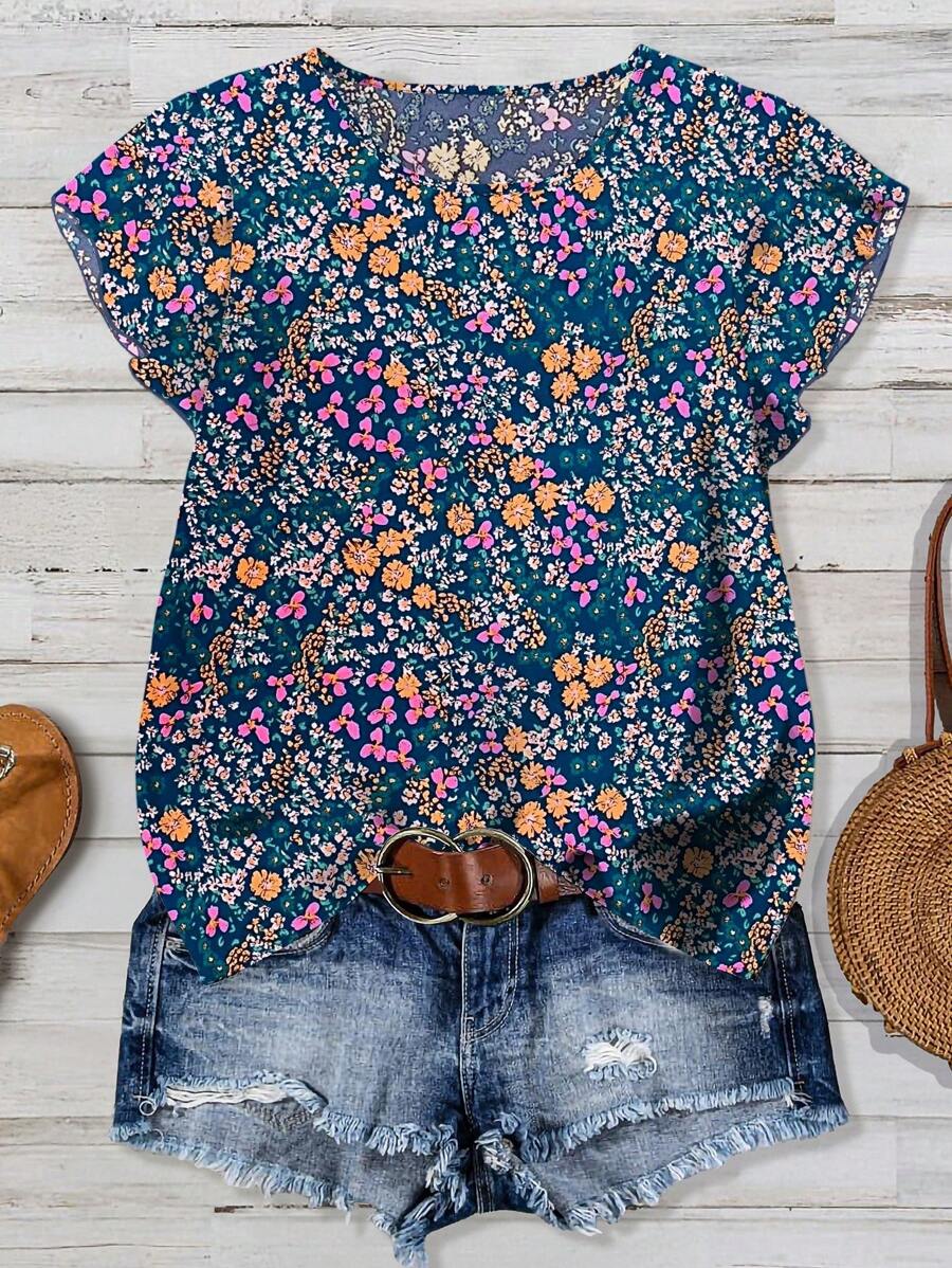 Linhara Blusa de corte holgado con cuello redondo, mangas de volante y estampado floral pequeño para mujeres de tallas grandes