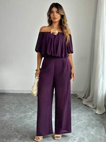 Flirla Plus Size Women Off Shoulder Top And Pants Two Pieces Set - Purple - View 5