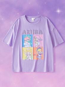 Pop Mart Azura X SHEIN 青少年女孩卡通动漫图案奇幻可爱甜美薰衣草休闲短袖 T 恤 - 淡紫色 - 查看 1