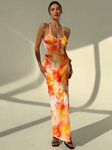 Aloruh 女士长款热带芙蓉印花前系带蝴蝶结吊带连衣裙，适合海滩、音乐节、春假、度假氛围 - 橘色 - 查看 5