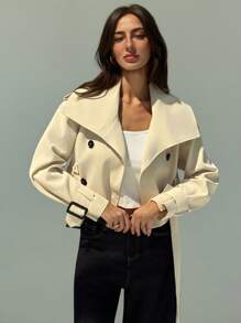 Aloruh 新款卡其色百搭短款风衣，收腰设计，双排扣可拆卸斗篷设计，秋冬复古时尚 - 卡其色 - 查看 7