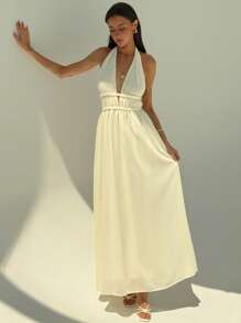 Aloruh Váy chữ A hở lưng buộc dây mùa hè cho nữ - Màu be - Xem 4