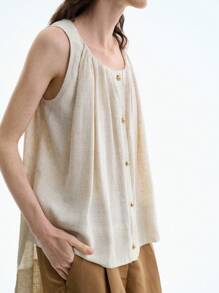 Aalyst Blusa informal de verano sin mangas con diseño de botones y pliegues, de unicolor - Caqui - Ver 3