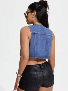 SHEIN PETITE Women's Front Tie Sexy Cropped Denim Vest Top ,Petite Women - Blue - View 2