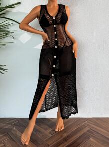 Swim Vcay Women Graduation Kimono, Spring & Summer Beachwear, Crochet Hollow Mesh Beach Robe, Elegant Sleeveless Gold Button Cover Up, Casual Beach Holiday - Black - View 5