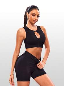 Easithlete Áo ngực thể thao dây kéo hàng ngày màu trơn dành cho nữ - màu đen - Xem 6