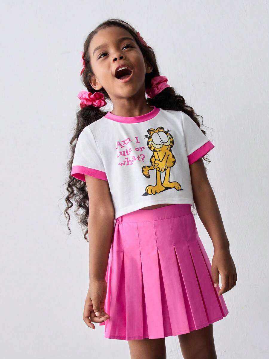 Maija Kids GARFIELD | SHEIN Maija Kids Young Girls Cartoon Cat Printed Round Neck Short Sleeve T-Shirt And Pleated Skirt 2pcs Set,Summer School Light Pink Kids Clothing Outfits - Pink - View 1